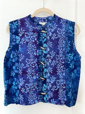 Vintage Very Vineyard Batik Blue Boho Button Up Top with Toggles Size L